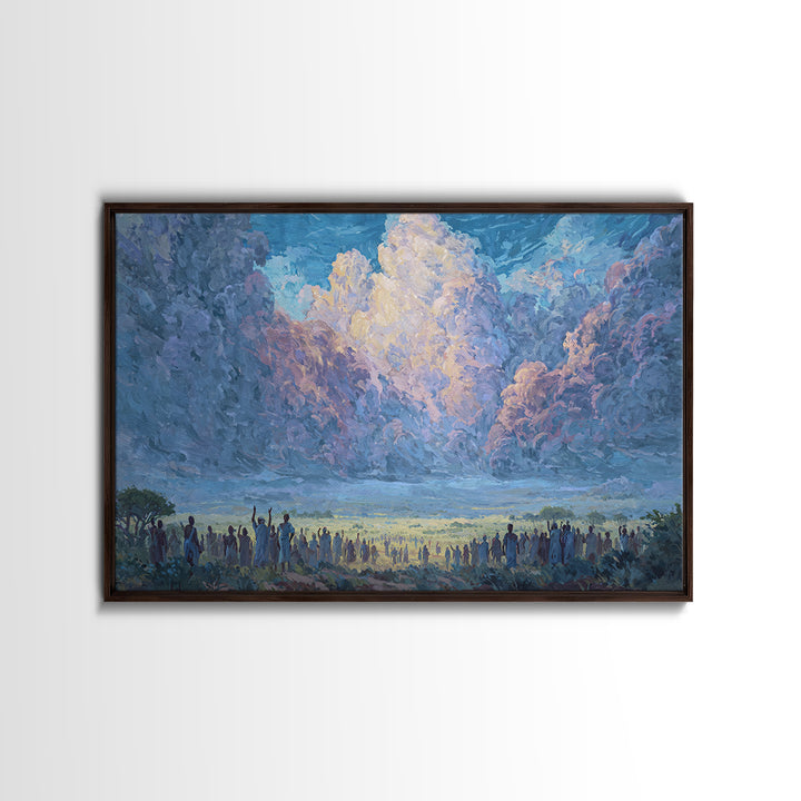 Blue Dawn Clouds Over African Gathering Wall Art, Modern African Art Canvas Print, Cultural Wall Decor, Meaningful Gift For Her