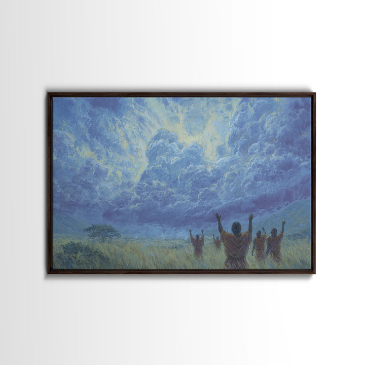 Figures Raising Hands To Radiant Blue Storm Wall Art, Spiritual African Canvas Print, Ancestral Decor, Prayer Room Art Gift