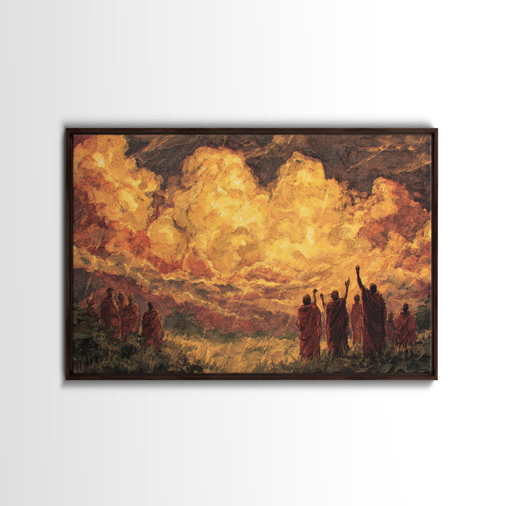 Robed Figures Before Fiery Golden Clouds Canvas Print, African Wall Art, Spiritual Landscape, Burnt Orange Home Decor Gift