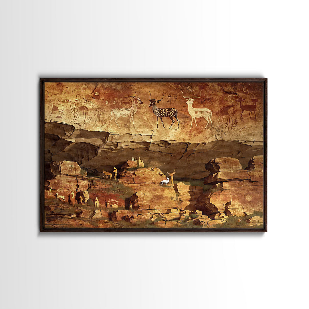 Ancient Canyon Cattle Cave Scene Canvas Print, African Safari Art, Tribal Rock Painting, Earth Tone Cultural Wall Decor Gift
