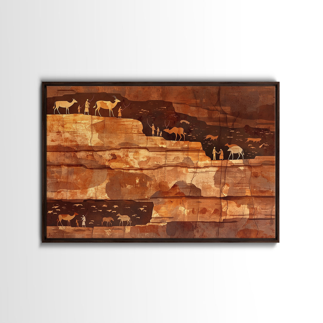 Desert Cliff Hunters And Antelope Wall Art, Ancient African Art Print, Terracotta Safari Decor, Rustic Cultural Wall Decor