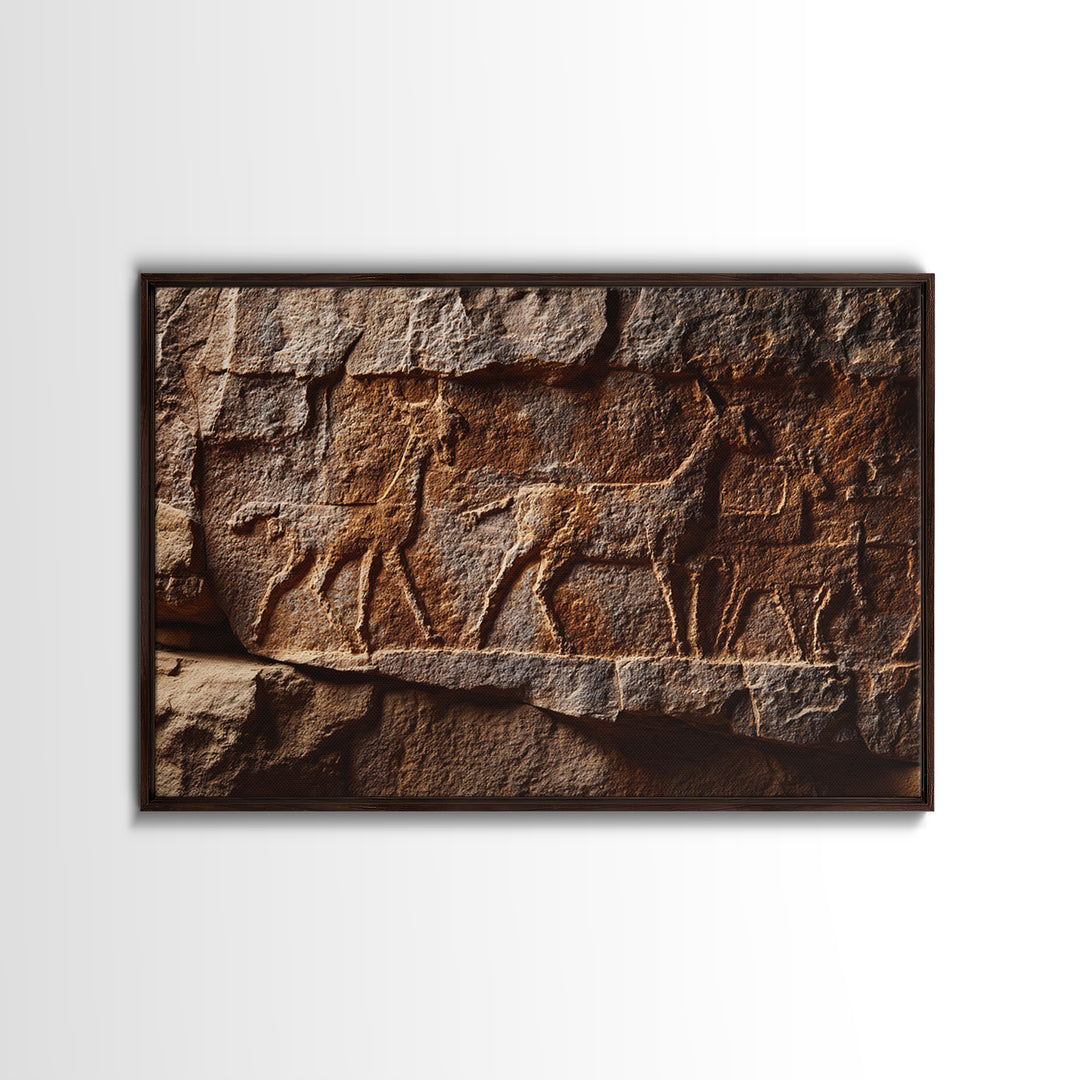 Carved Petroglyph Animal Procession Framed Canvas Print, African Tribal Art, Rustic Rock Wall Decor, Cultural Home Decor Gift