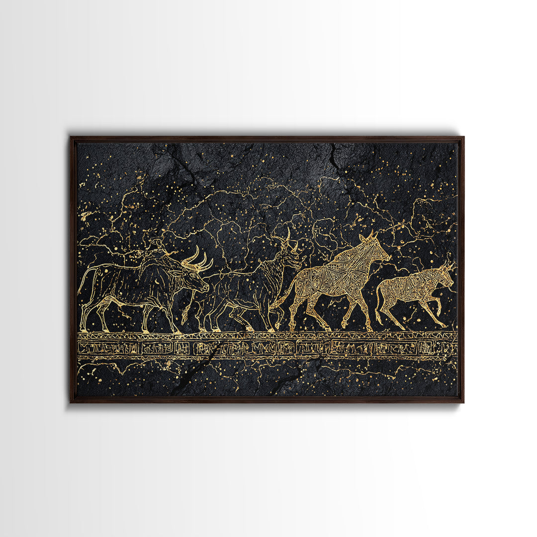 Gold Line Cattle Procession Wall Art, Black African Art, Tribal Animal Print, Luxury Canvas Decor, Modern Cultural Home Gift