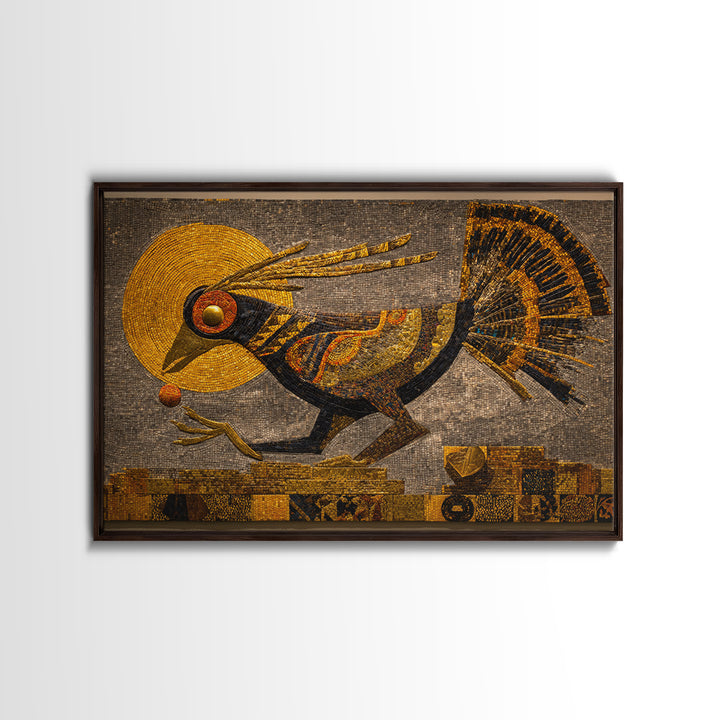 Golden Tribal Bird With Sun Wall Art, African Inspired Mosaic Canvas, Afrocentric Decor, Ethnic Pattern, Luxury Home Decor Gift