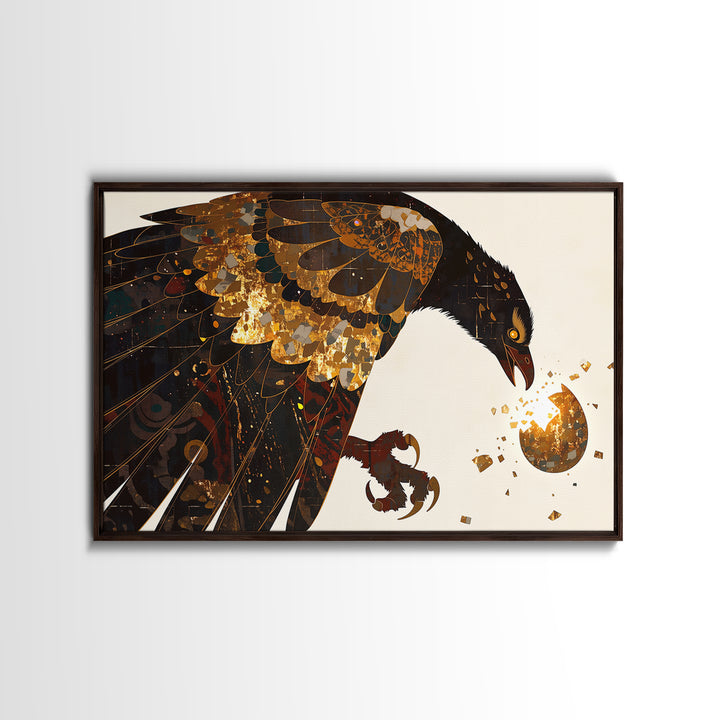 Golden Falcon Breaking Egg Canvas Print, Mythic Bird Wall Art, African Inspired Decor, Bold Contemporary Art, Unique Home Decor