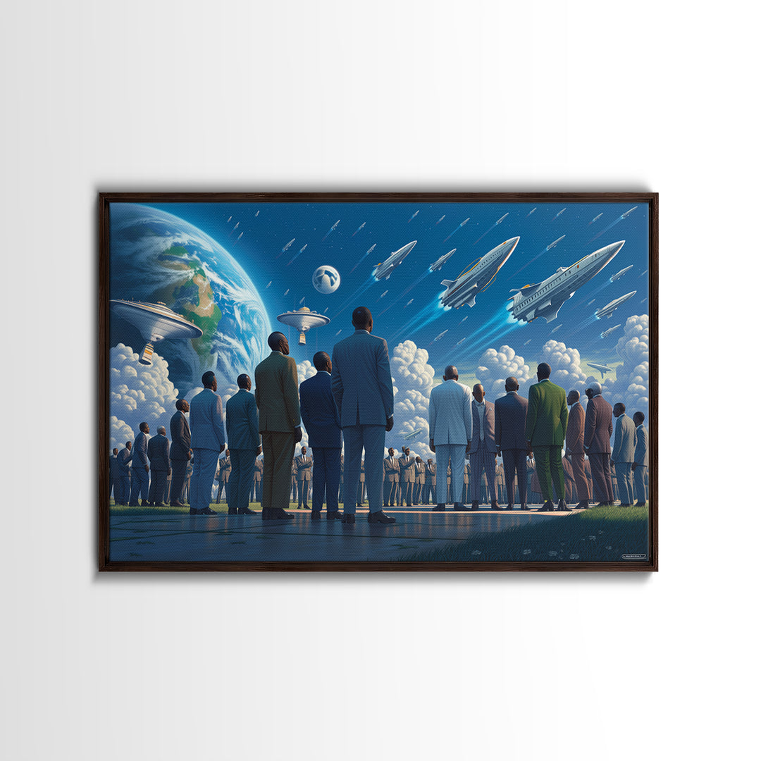 Afrofuturist Crowd Watching Spaceships Wall Art, Black Culture Art, Sci Fi African Inspired Canvas, Modern Statement Decor