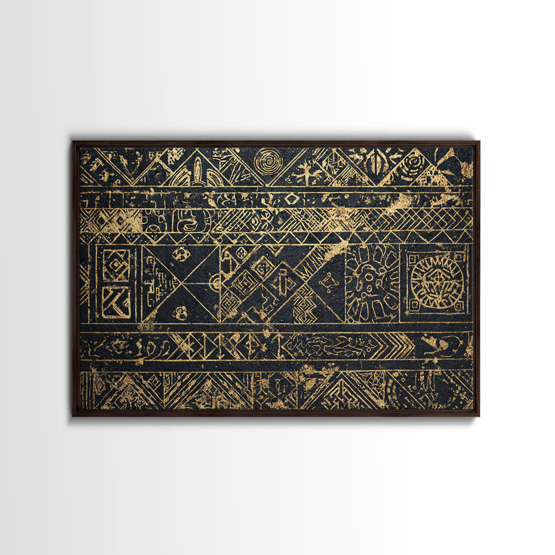 Black Gold Tribal Pattern Wall Art, African Abstract Geometric Canvas Print, Kuba Inspired Textile Art, Ethnic Wall Decor