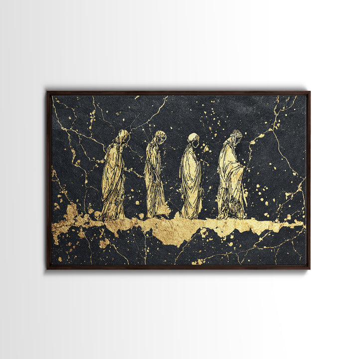 Gold Robed Ancestors On Black Marble Wall Art, African Tribal Art Print, Spiritual Diaspora Decor, Black And Gold Canvas