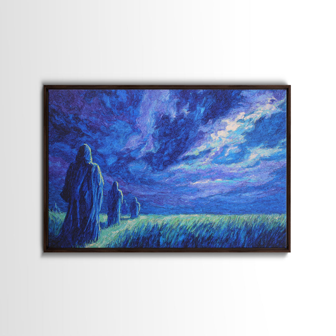 Blue Storm Pilgrims In Moonlit Grass Wall Art, African Landscape, Mystical Wall Art Print, Spiritual Home Decor Canvas Gift