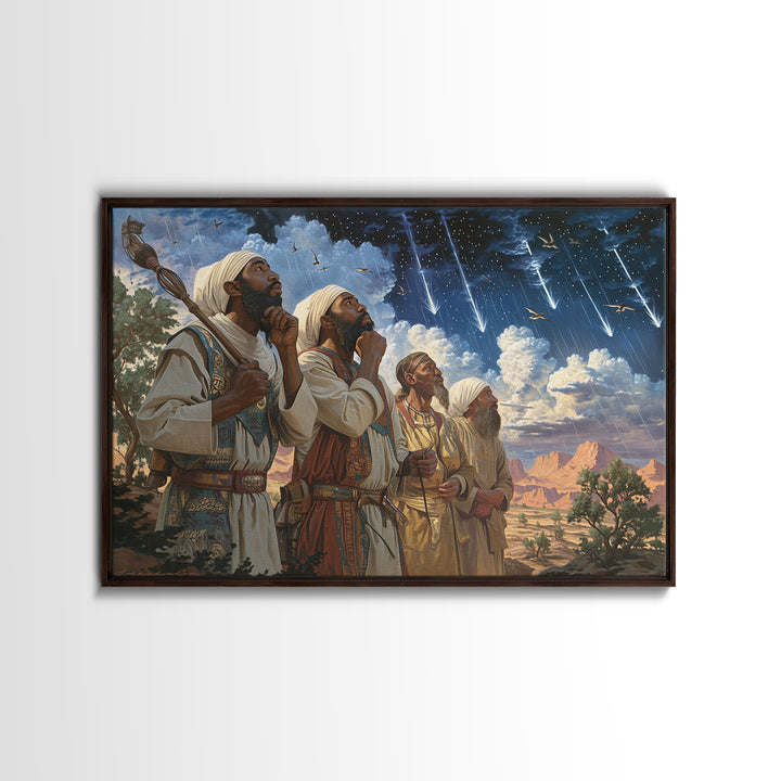 Star Gazing Prophets Beneath Meteor Sky Framed Canvas Print, African Inspired, Spiritual Wall Art, Desert Home Decor Gift