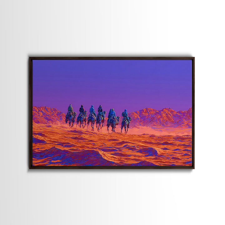 Violet Desert Riders Across Neon Dunes Wall Art, African Warrior Art, Vibrant Safari Decor, Modern Canvas Print Gift For Him