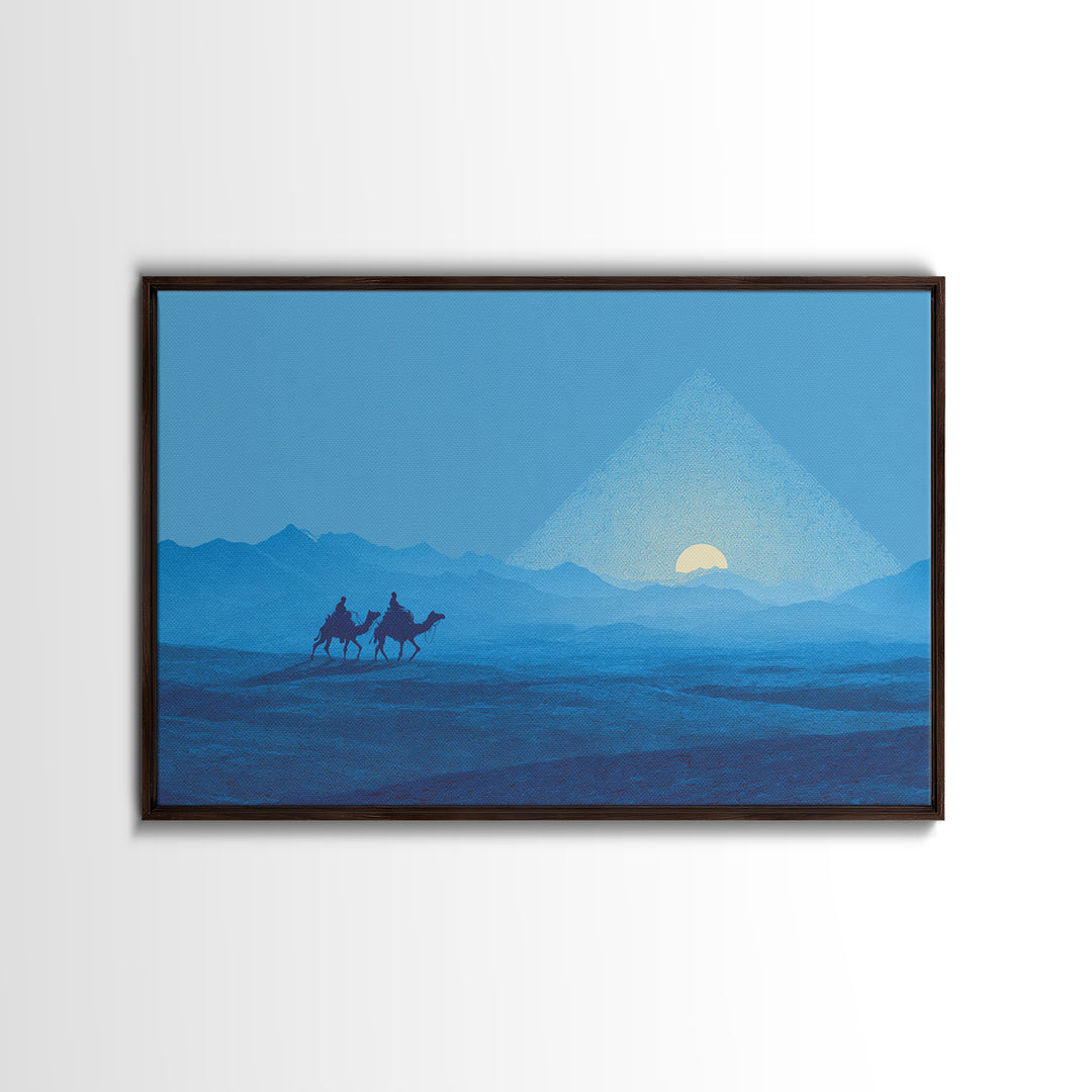 Blue Pyramid Camel Caravan At Sunrise Wall Art, African Egyptian Art, Minimalist Desert Poster, Travel Canvas Print Home Decor