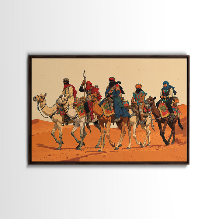Tuareg Camel Caravan In Sahara Desert Wall Art, African Warrior Art, African Safari Decor, Boho Living Room Canvas Print