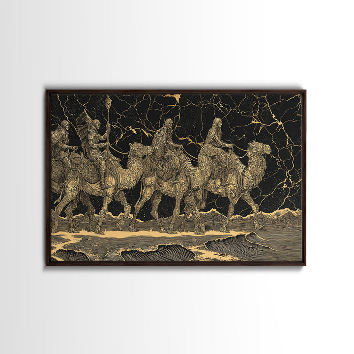 Gold Engraved Camel Caravan On Black Stone Wall Art, African Art Print, Desert Travel Decor, Luxury Canvas Print For Office Decor
