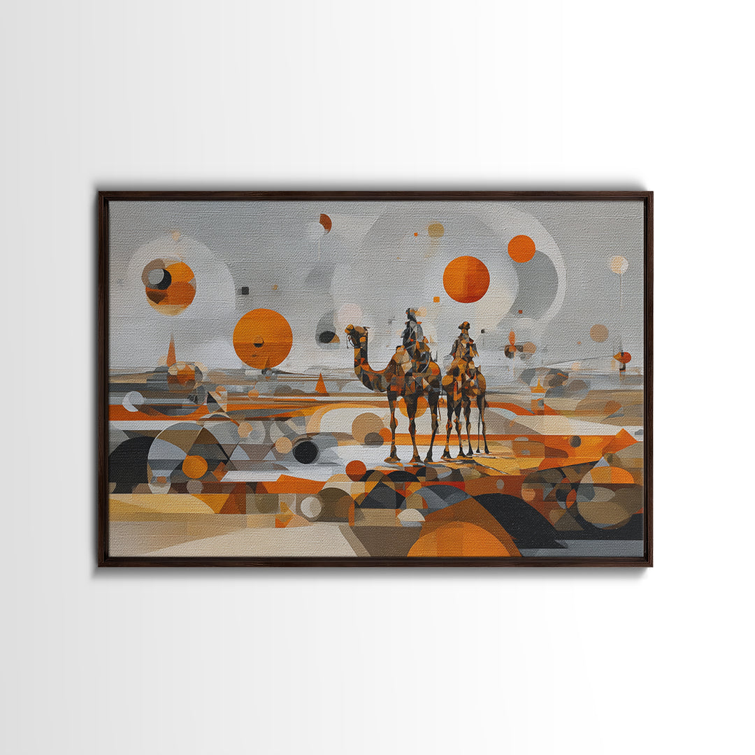 Abstract Geometric Camel Caravan In Orange Desert Wall Art, Modern African Art, Boho Living Room Decor, Canvas Print Gift