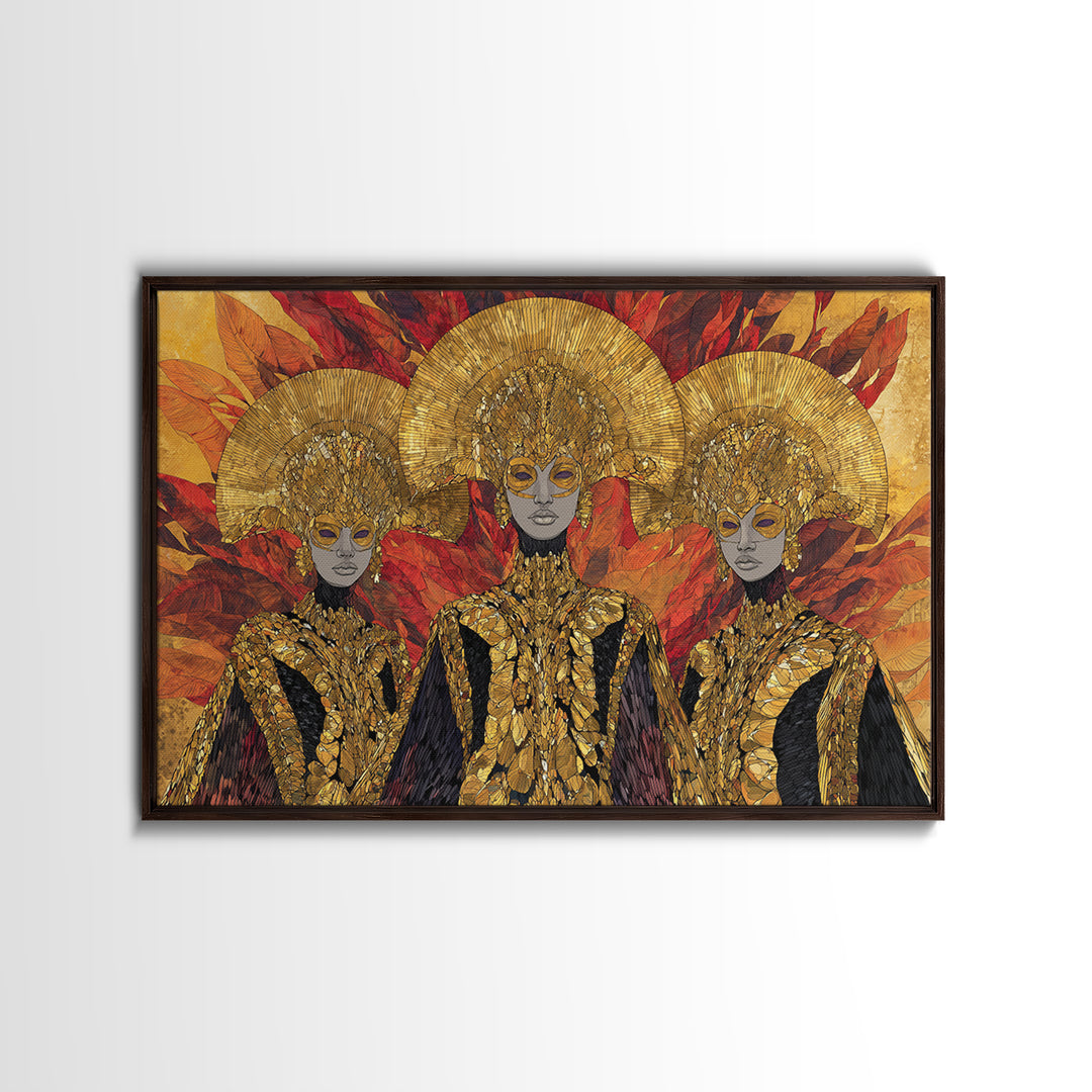 Three Golden African Queens With Leaf Crowns Wall Art, Black Woman Art, Afrocentric Decor, Luxury Framed Canvas Print Gift