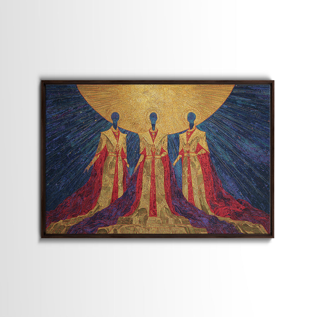 Celestial African Trinity Under Golden Sun Wall Art, Spiritual Afrocentric Art, Black Goddess Decor, Framed Canvas Print