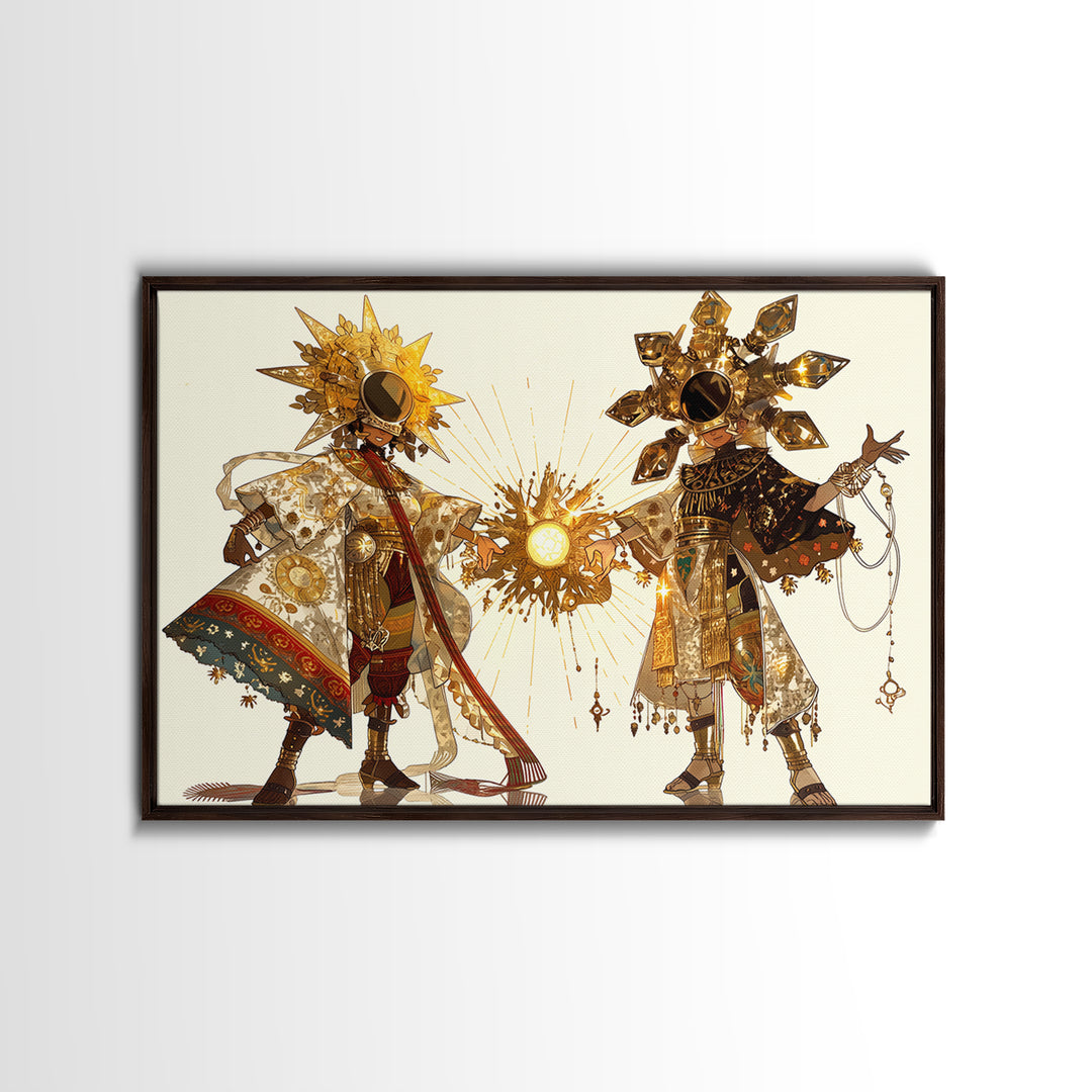 Sun And Moon African Deities In Ornate Gold Costumes Wall Art, Afrocentric Art, Spiritual Decor, Framed Canvas Print Gift