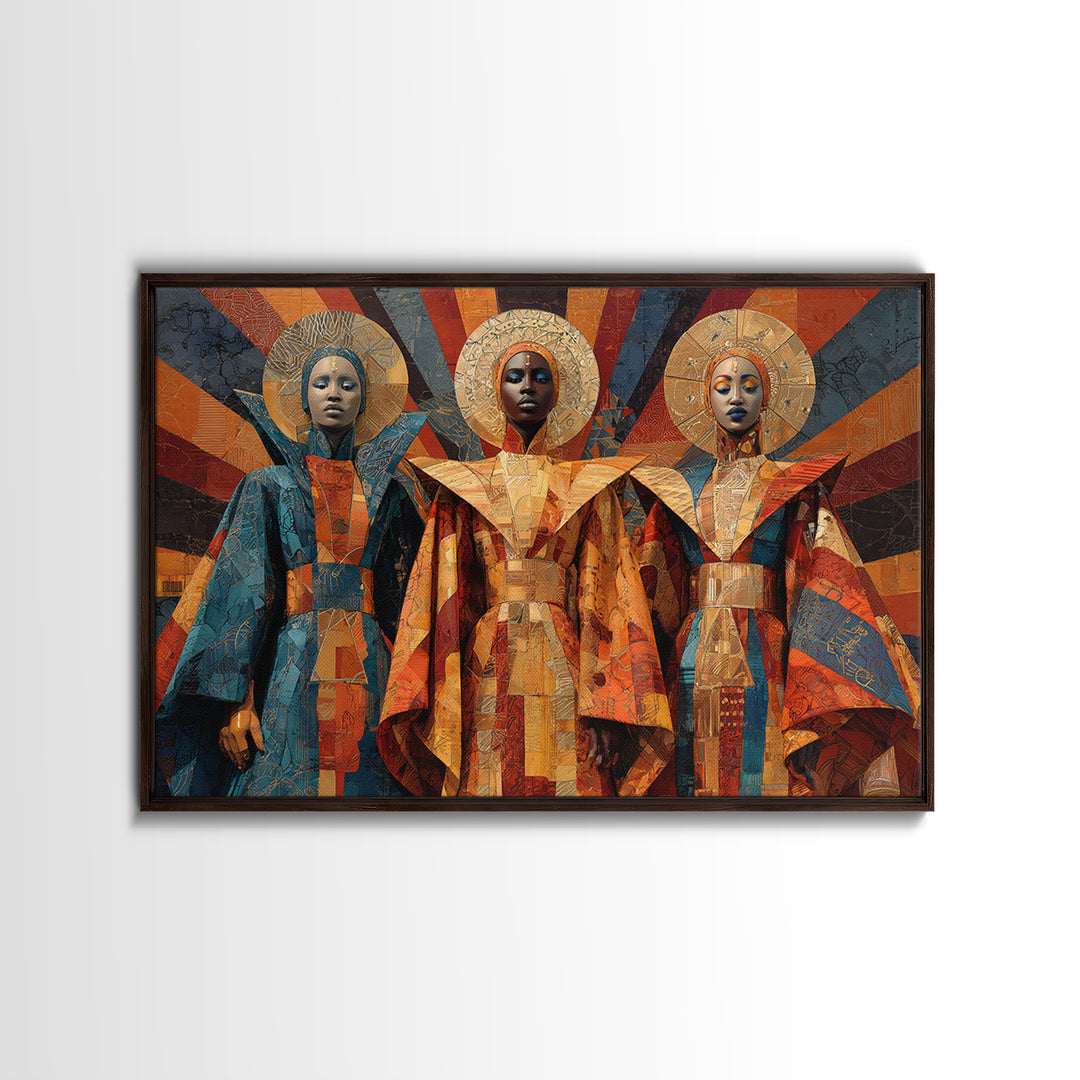 Afrofuturist African Queens In Geometric Robes Wall Art, Modern Black Art, Cultural Home Decor, Framed Canvas Print Gift
