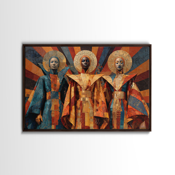 Afrofuturist African Queens In Geometric Robes Wall Art, Modern Black Art, Cultural Home Decor, Framed Canvas Print Gift
