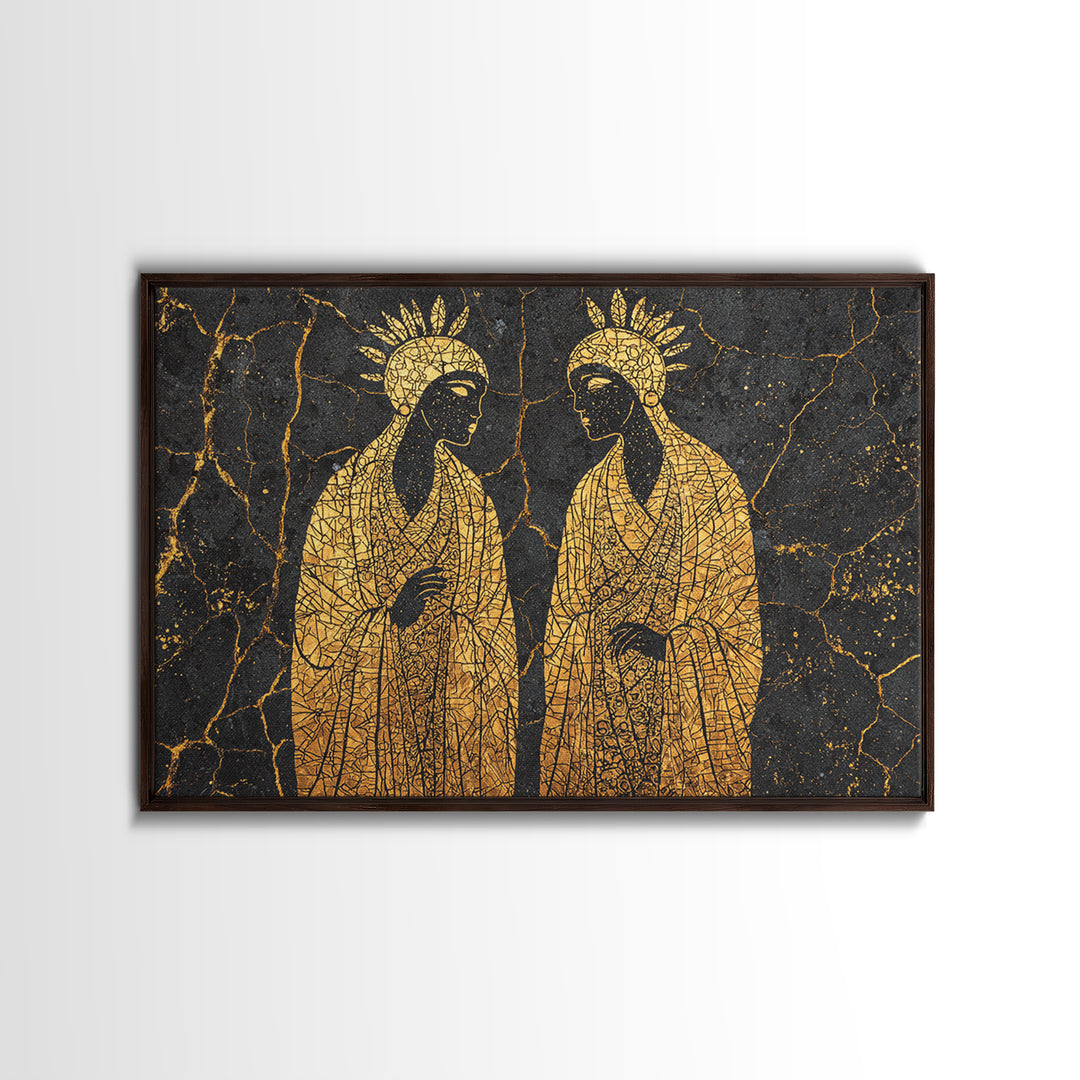 Gold Mosaic Sacred African Figures On Black Stone Wall Art, Spiritual Wall Decor, Black And Gold Art, Framed Canvas Print