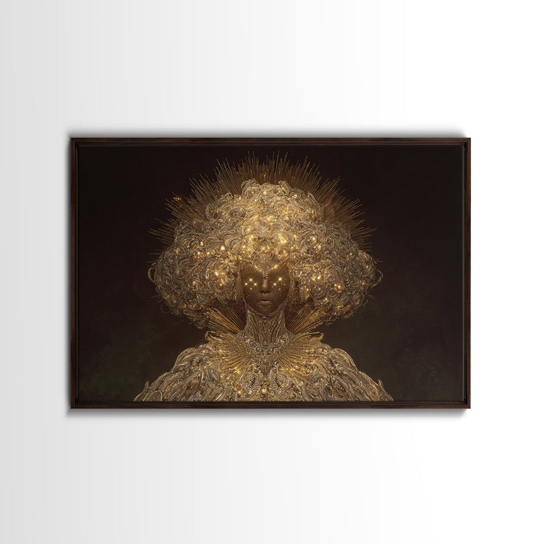 Golden Halo African Queen Portrait, Ornate Black Goddess Wall Art, Afrocentric Decor, Luxury Canvas, Black Beauty Gift Print