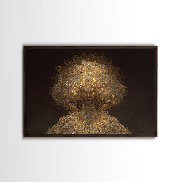 Golden Halo African Queen Portrait, Ornate Black Goddess Wall Art, Afrocentric Decor, Luxury Canvas, Black Beauty Gift Print