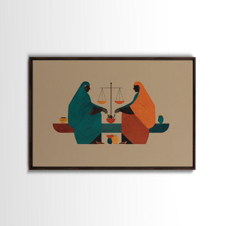 Minimalist African Women Sharing Bowls, Balance Scales Wall Art, Boho Afrocentric Decor, Cultural Canvas Print Gift For Her