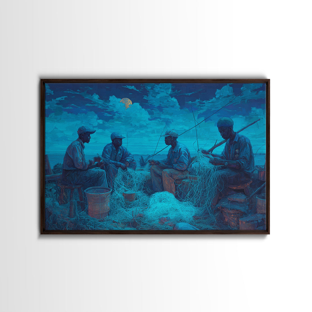 Moonlit African Fishermen Mending Nets, Blue Coastal Wall Art, Afrocentric Painting, Cultural Decor, Fishing Village Print