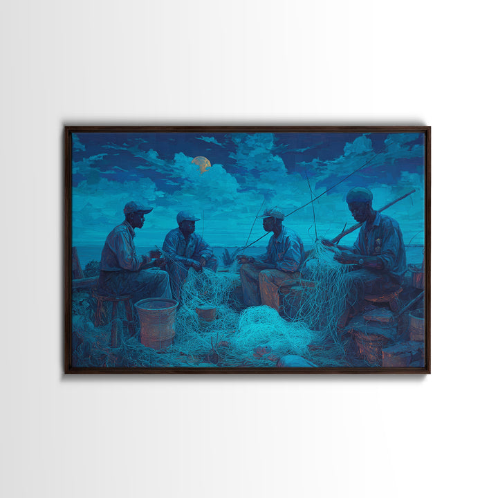 Moonlit African Fishermen Mending Nets, Blue Coastal Wall Art, Afrocentric Painting, Cultural Decor, Fishing Village Print