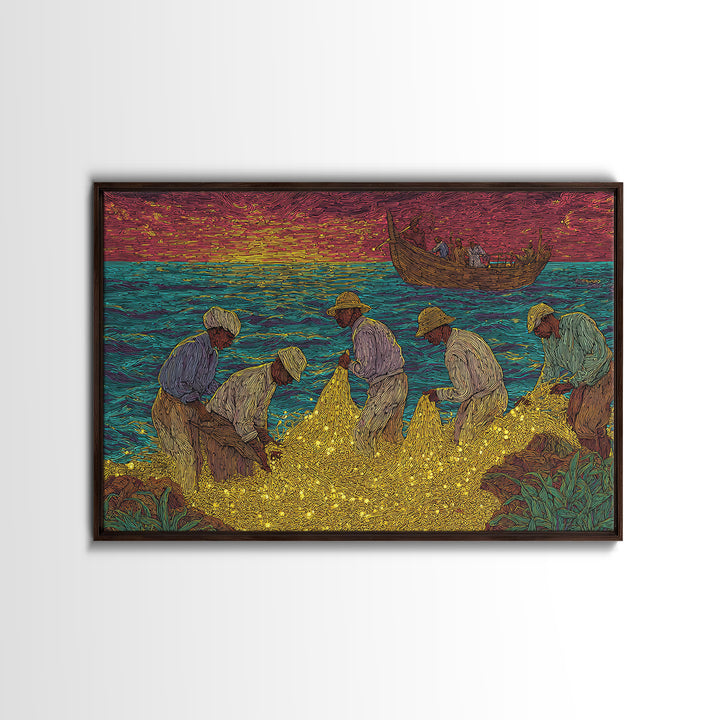 Golden Net Fishermen At Vibrant Sunset, African Wall Art, Coastal Canvas Print, Colorful Cultural Decor, Fishing Village