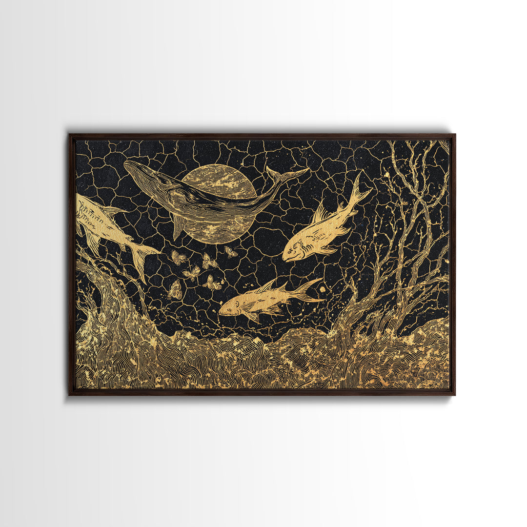 Gold Fish And Whale Underwater Scene, Black And Gold Wall Art, Ocean Canvas Print, Mystical Nature Decor, Unique Gift For Home