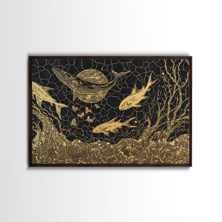 Gold Fish And Whale Underwater Scene, Black And Gold Wall Art, Ocean Canvas Print, Mystical Nature Decor, Unique Gift For Home