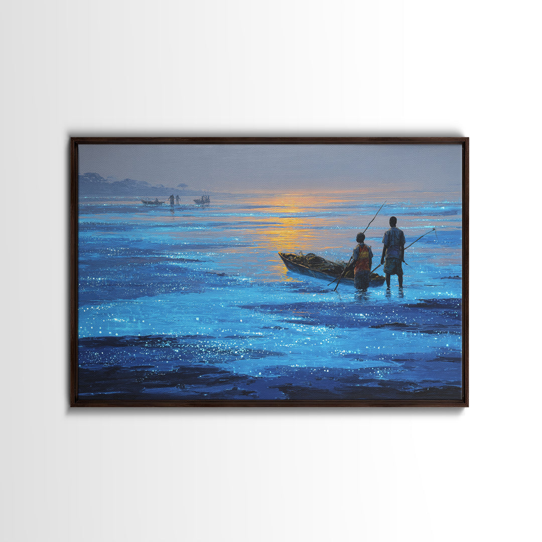 Blue Dawn Fishermen With Boat On Shimmering Water, African Wall Art, Coastal Canvas Print, Serene Living Room Decor Gift