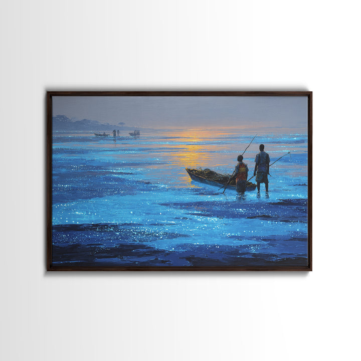 Blue Dawn Fishermen With Boat On Shimmering Water, African Wall Art, Coastal Canvas Print, Serene Living Room Decor Gift