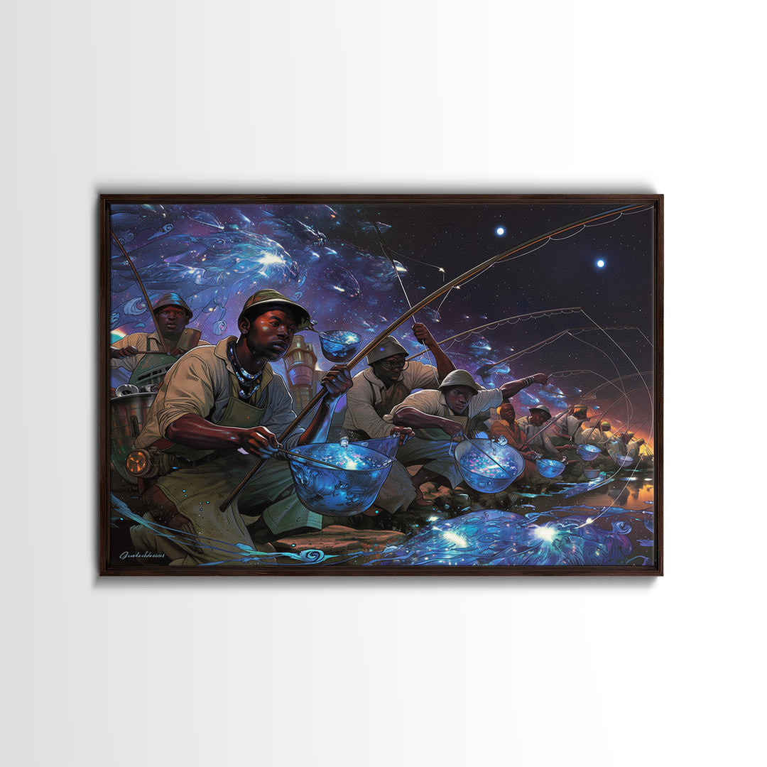 Afrofuturist Fishermen Catching Glowing Fish, Starry Night Canvas Print, African Wall Art, Bold Black Culture Decor Gift