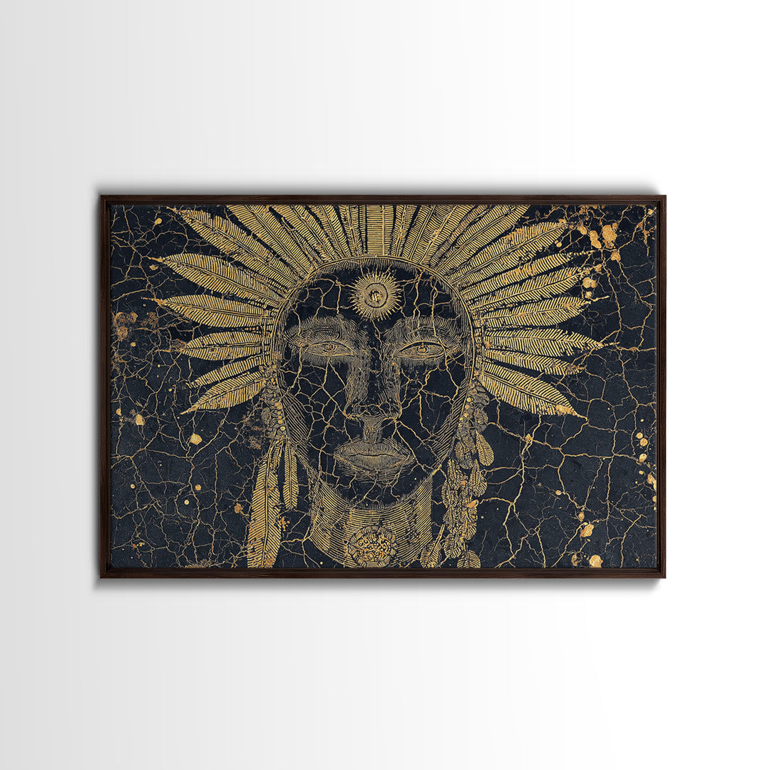 Gold Sun Headdress Tribal Face Portrait, Black And Gold Wall Art, African Mask Canvas Print, Spiritual Cultural Decor Gift