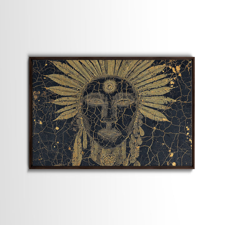 Gold Sun Headdress Tribal Face Portrait, Black And Gold Wall Art, African Mask Canvas Print, Spiritual Cultural Decor Gift