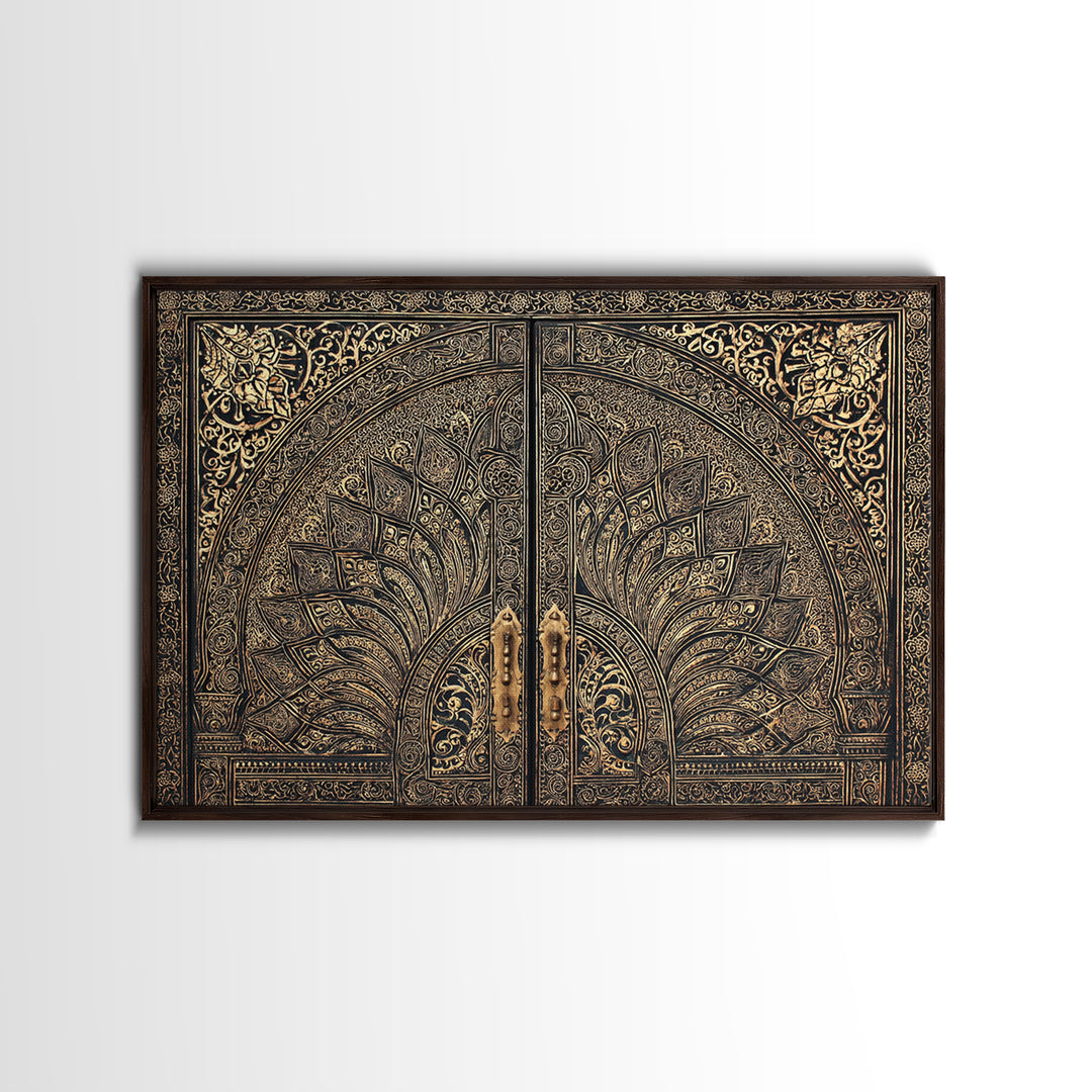 Ornate Black Gold Door Canvas Print, Moroccan Inspired Geometric Pattern Wall Art, Elegant Home Decor, Luxury Art Gift For Office
