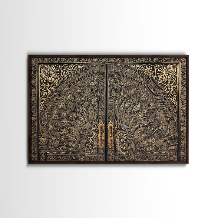 Ornate Black Gold Door Canvas Print, Moroccan Inspired Geometric Pattern Wall Art, Elegant Home Decor, Luxury Art Gift For Office