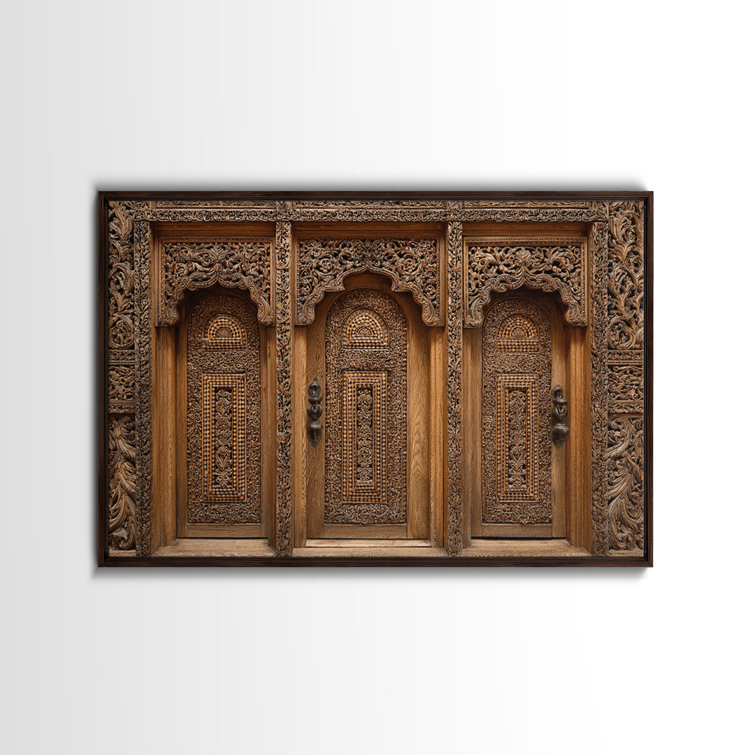 Carved Wooden Temple Doors Wall Art, Ornate African Inspired Architecture Print, Rustic Boho Home Decor, Cultural Gift For Hallway