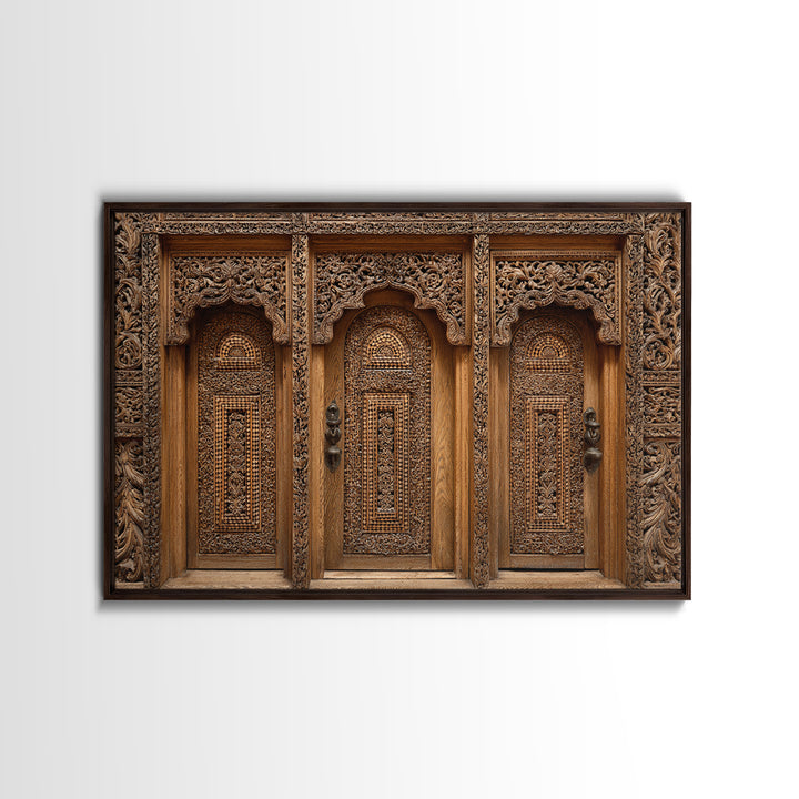 Carved Wooden Temple Doors Wall Art, Ornate African Inspired Architecture Print, Rustic Boho Home Decor, Cultural Gift For Hallway