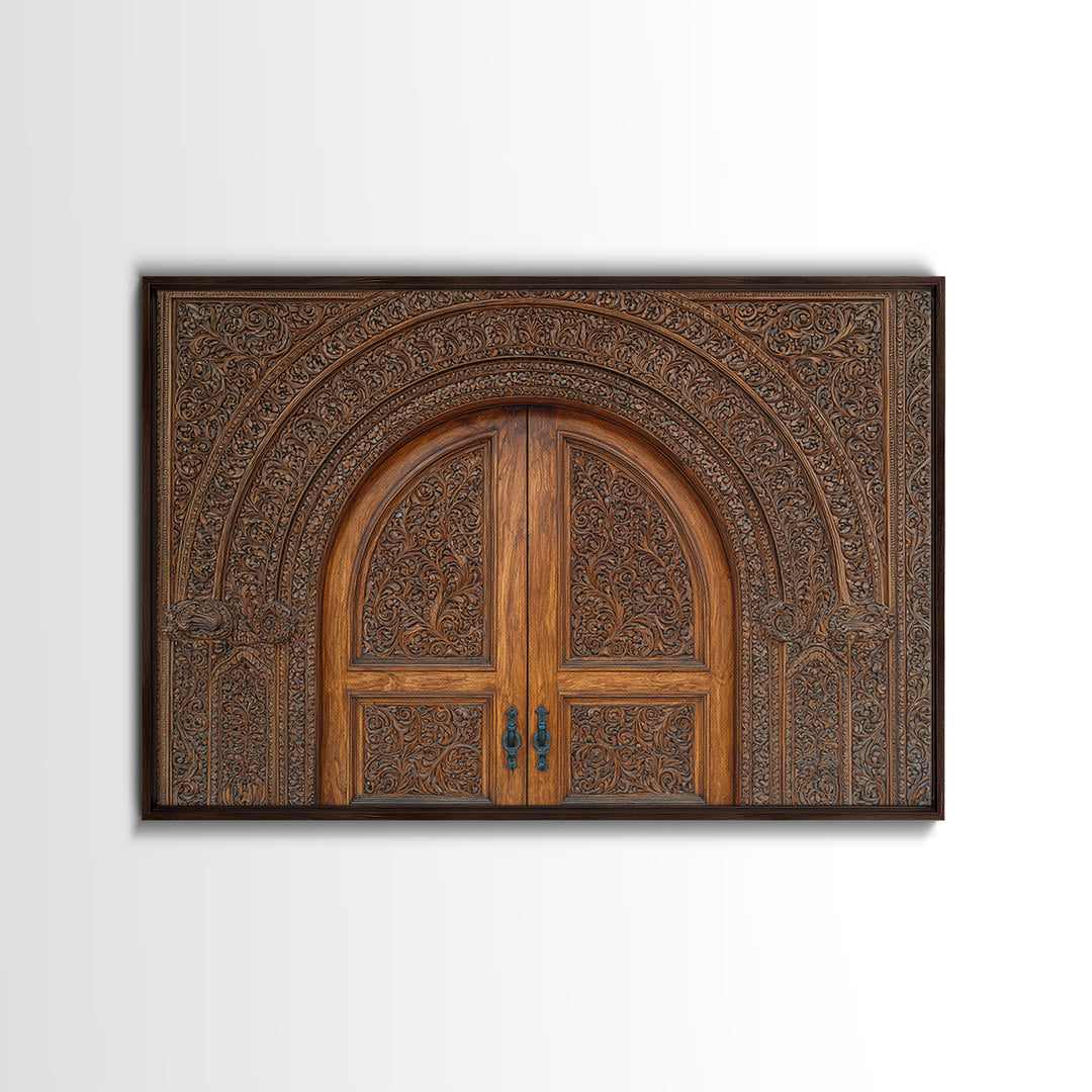 Arched Carved Wood Door Framed Canvas Print, Intricate Moroccan Pattern Wall Art, Rustic Bohemian Home Decor Gift For Living Room