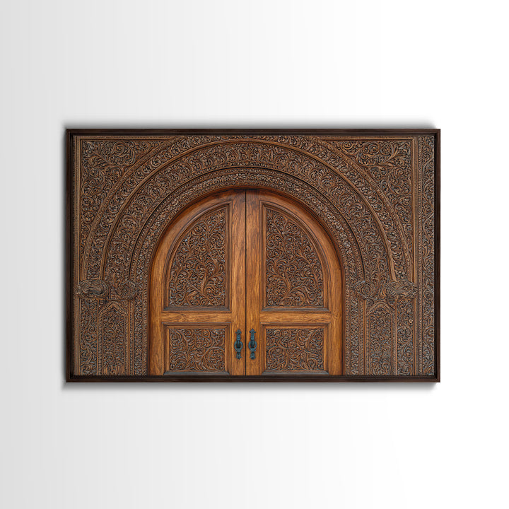 Arched Carved Wood Door Framed Canvas Print, Intricate Moroccan Pattern Wall Art, Rustic Bohemian Home Decor Gift For Living Room