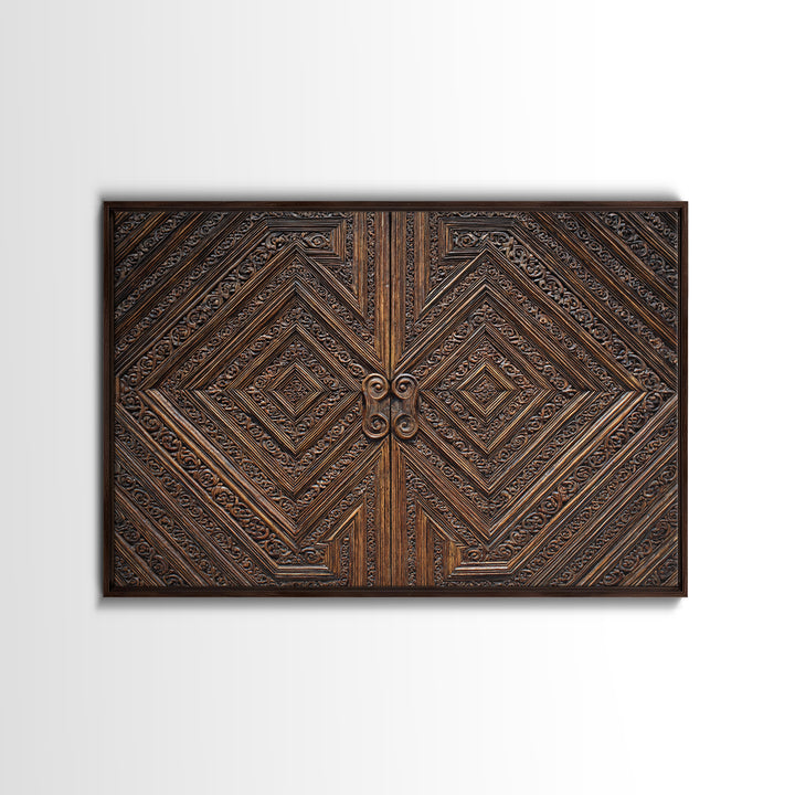Geometric Carved Wood Door Canvas Print, Ornate Tribal Pattern Wall Art, Brown Rustic Home Decor, Unique Cultural Gift For Office