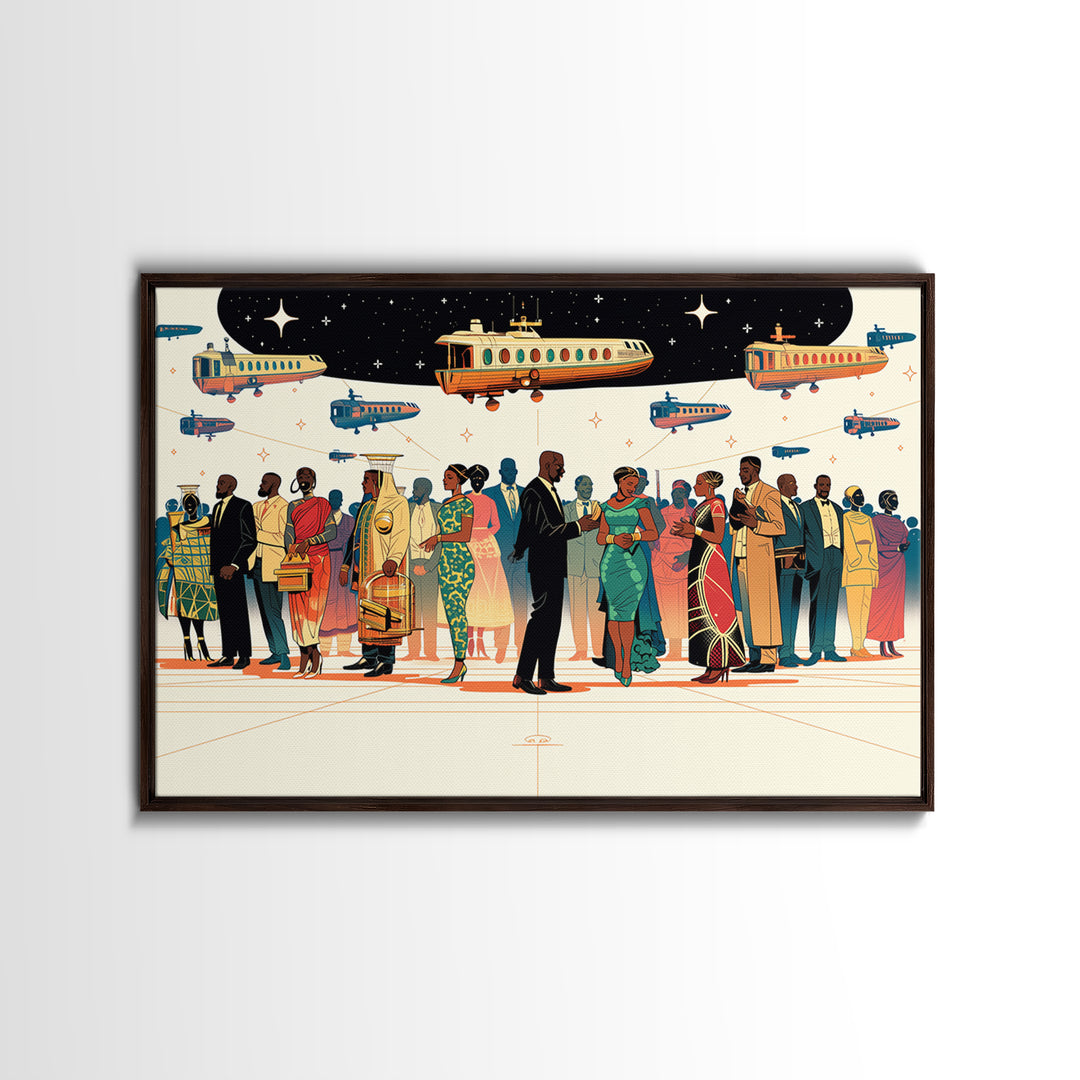 Afrofuturist Travel Crowd Wall Art, African American Art Print, Black Culture Poster, Modern Diaspora Home Decor Gift For Her