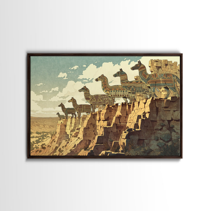 Stylized Giraffe Caravan Canvas Print, African Safari Art, Canyon Landscape Wall Decor, Boho Animal Home Decor Gift For Her