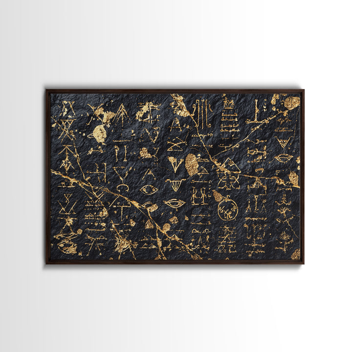Gold Ancient Glyphs Wall Art, African Egyptian Art Print, Black Gold Canvas, Tribal Symbols Cultural Home Decor Gift Idea
