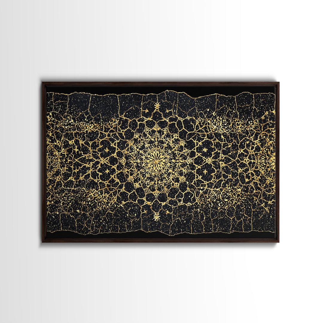 Black Gold Mandala Pattern Canvas Print, African Abstract Art, Luxury Geometric Wall Decor, Boho Home Decor Gift For Her