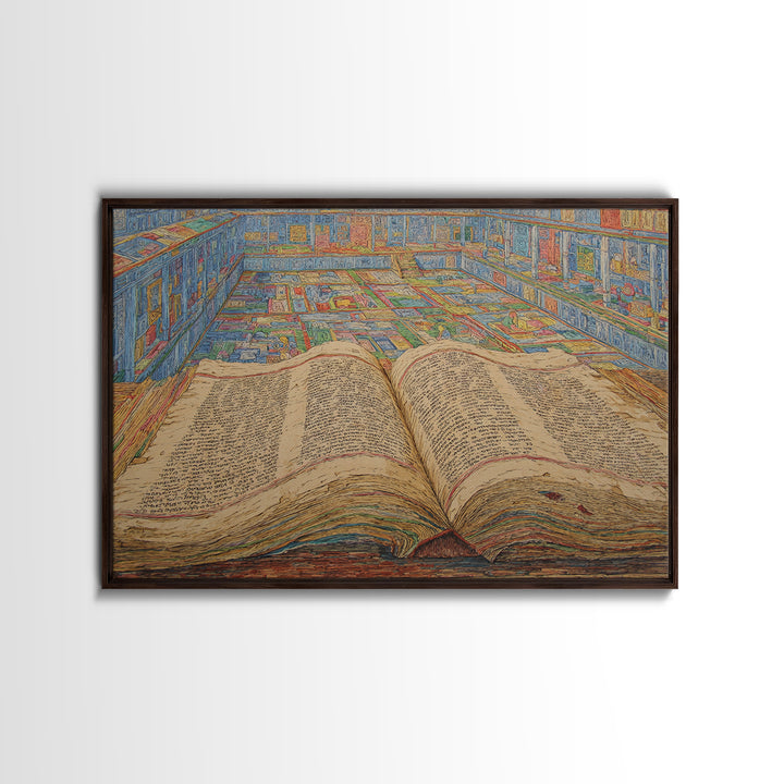 Ancient Open Book Library Wall Art, Scholarly Manuscript Canvas Print, Blue Office Decor, Literary Home Decor Gift For Reading Room
